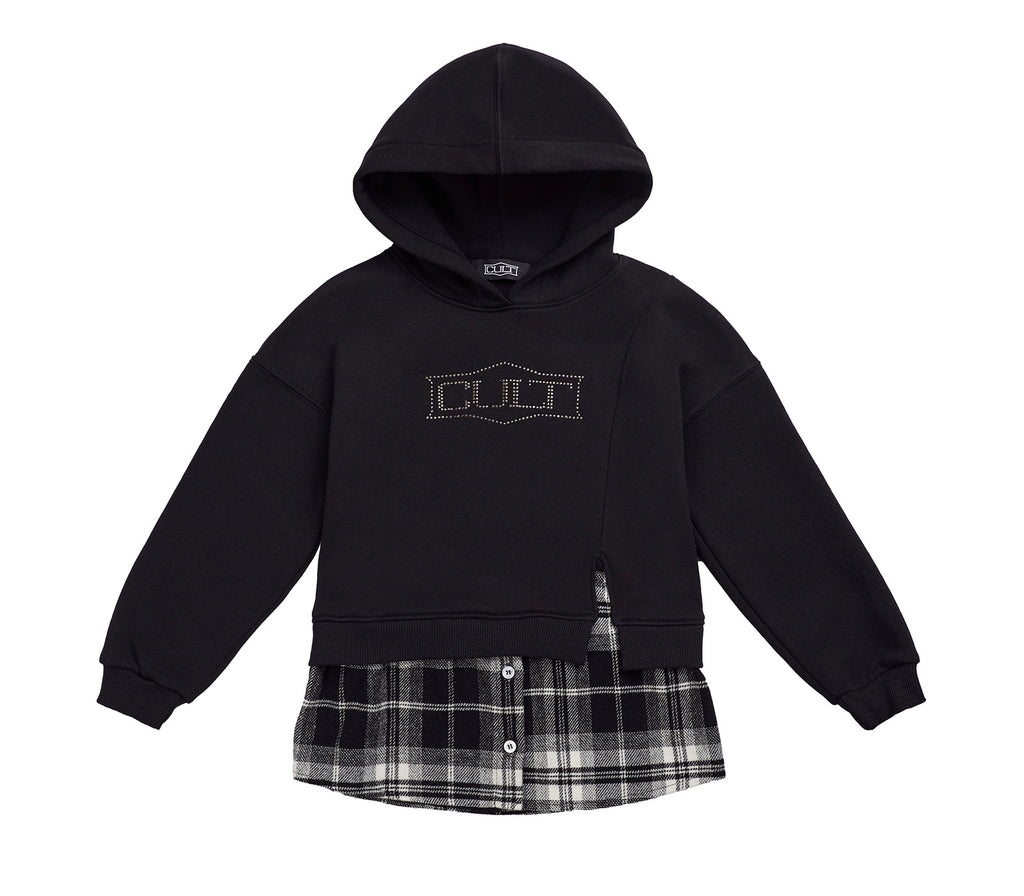 Felpa Kids con Cappuccio e Inserto Camicia a Quadri