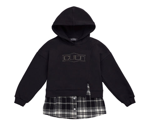 Felpa Kids con Cappuccio e Inserto Camicia a Quadri