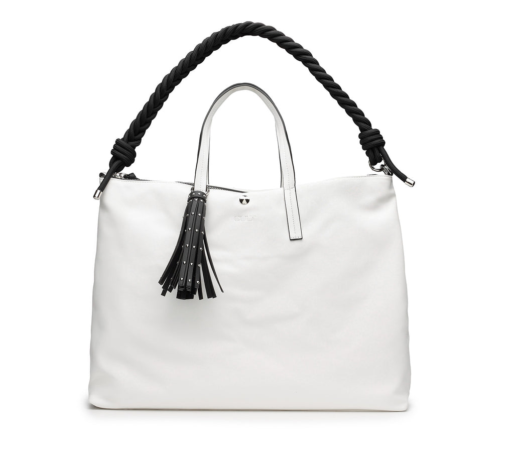 Shopper da Donna in Eco Pelle Bianca con Manico Corto e Tracolla in Corda Intrecciata