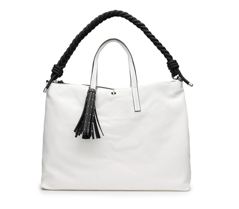 Shopper da Donna in Eco Pelle Bianca con Manico Corto e Tracolla in Corda Intrecciata