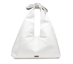 Borsa Hobo da Donna in Eco Pelle Bianca con Manico a Fiocco Decorato con Mini Borchie