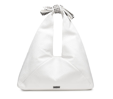 Borsa Hobo da Donna in Eco Pelle Bianca con Manico a Fiocco Decorato con Mini Borchie
