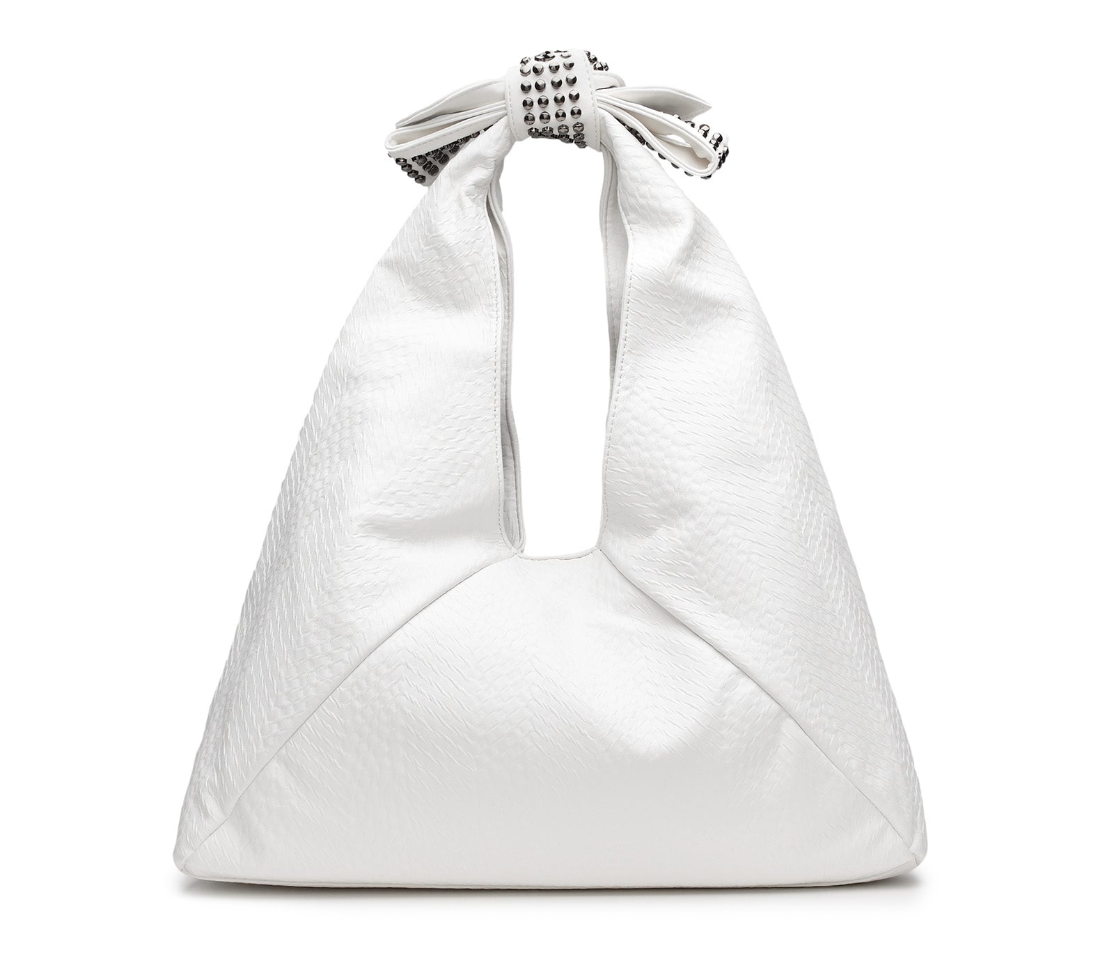 Borsa Hobo da Donna in Eco Pelle Bianca con Manico a Fiocco Decorato con Mini Borchie