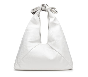Borsa Hobo da Donna in Eco Pelle Bianca con Manico a Fiocco Decorato con Mini Borchie