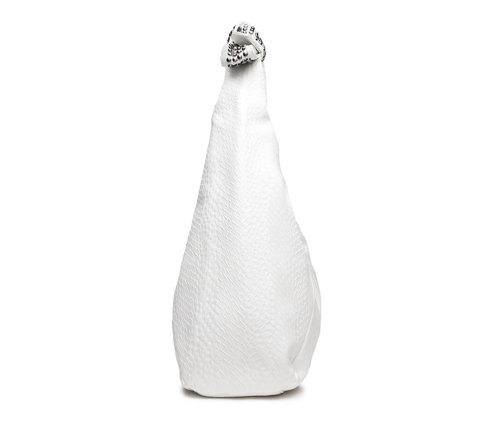 Borsa Hobo da Donna in Eco Pelle Bianca con Manico a Fiocco Decorato con Mini Borchie