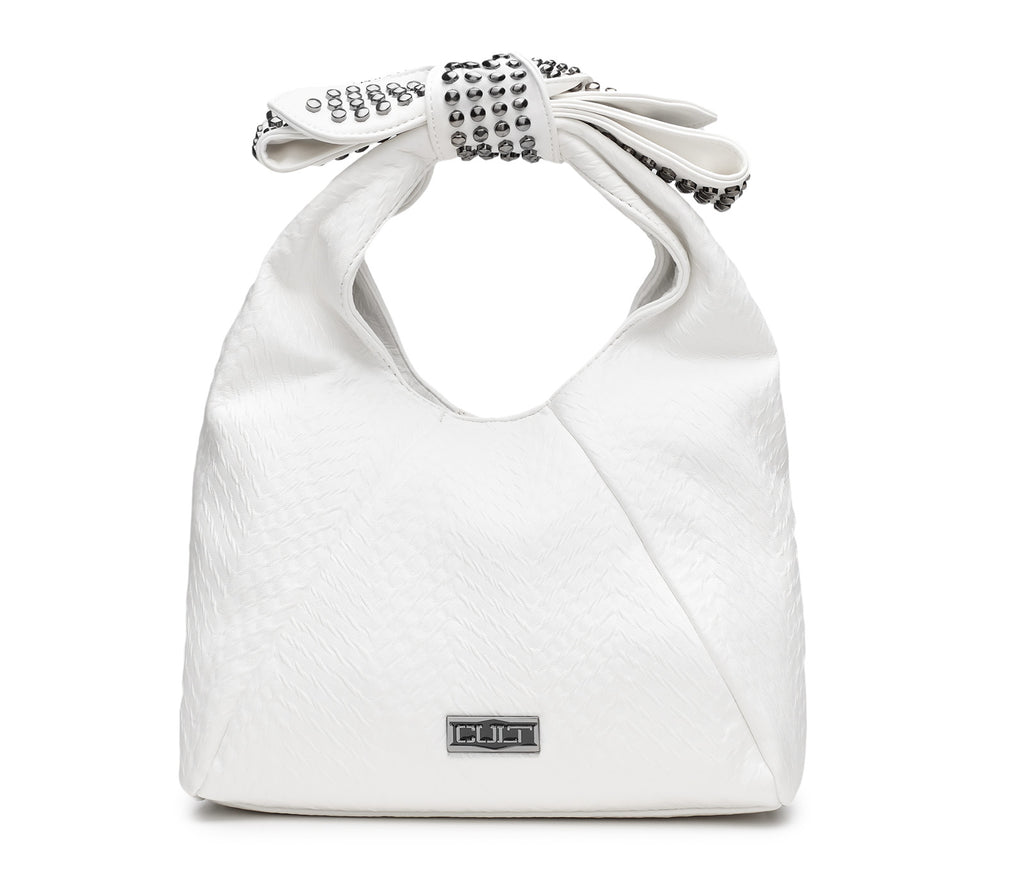 Borsa Mini Hobo da Donna in Eco Pelle Bianca con Manico a Fiocco Decorato con Mini Borchie