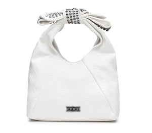 Borsa Mini Hobo da Donna in Eco Pelle Bianca con Manico a Fiocco Decorato con Mini Borchie