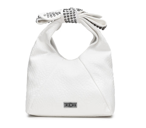 Borsa Mini Hobo da Donna in Eco Pelle Bianca con Manico a Fiocco Decorato con Mini Borchie