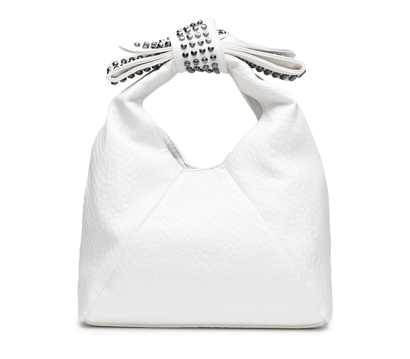 Borsa Mini Hobo da Donna in Eco Pelle Bianca con Manico a Fiocco Decorato con Mini Borchie