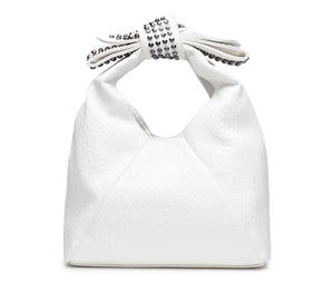 Borsa Mini Hobo da Donna in Eco Pelle Bianca con Manico a Fiocco Decorato con Mini Borchie
