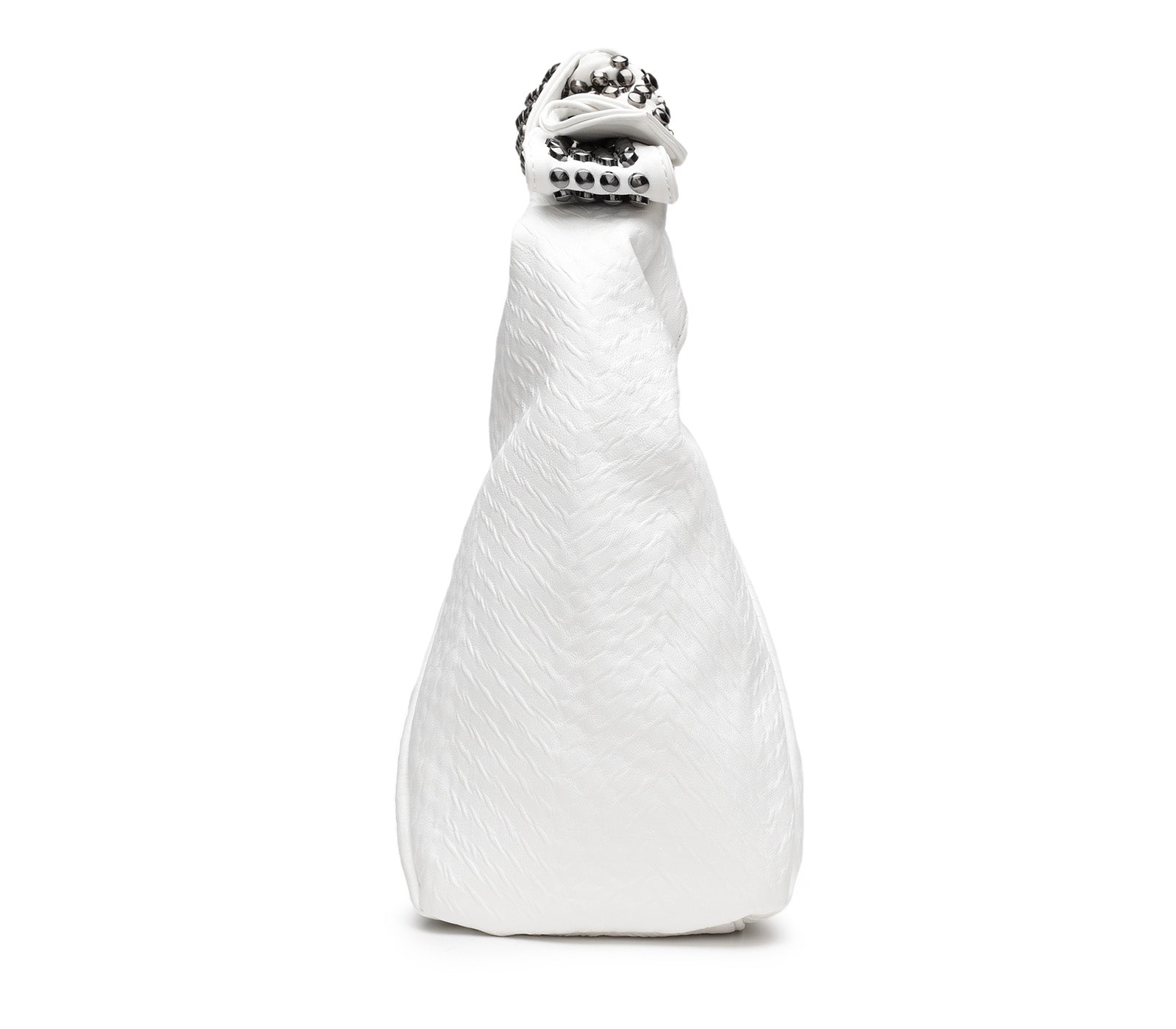 Borsa Mini Hobo da Donna in Eco Pelle Bianca con Manico a Fiocco Decorato con Mini Borchie