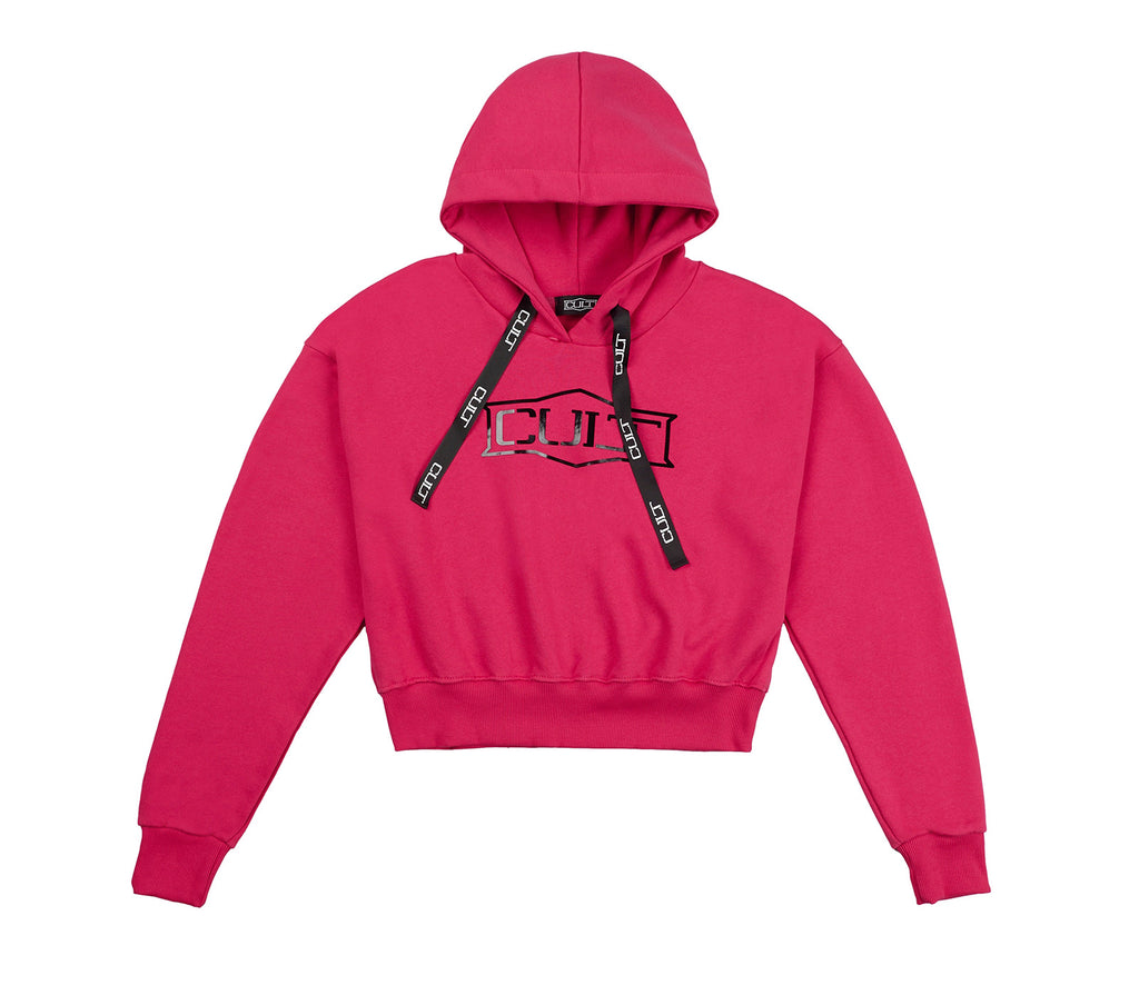 Felpa da Donna Cropped con Cappuccio Fuxia e Logo Stampato