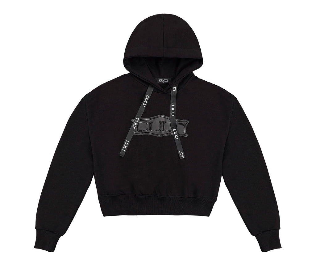 Felpa Cropped da Donna con Cappuccio Nera e Coulisse Logata