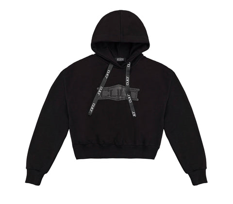 Felpa Cropped da Donna con Cappuccio Nera e Coulisse Logata