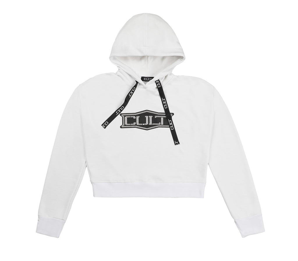 Felpa da Donna Cropped Bianca con Cappuccio e Stampa con Logo 
