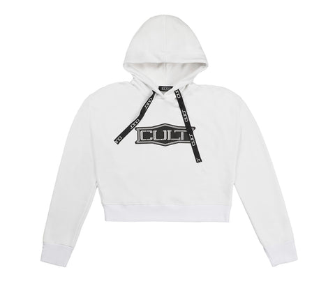 Felpa da Donna Cropped Bianca con Cappuccio e Stampa con Logo 
