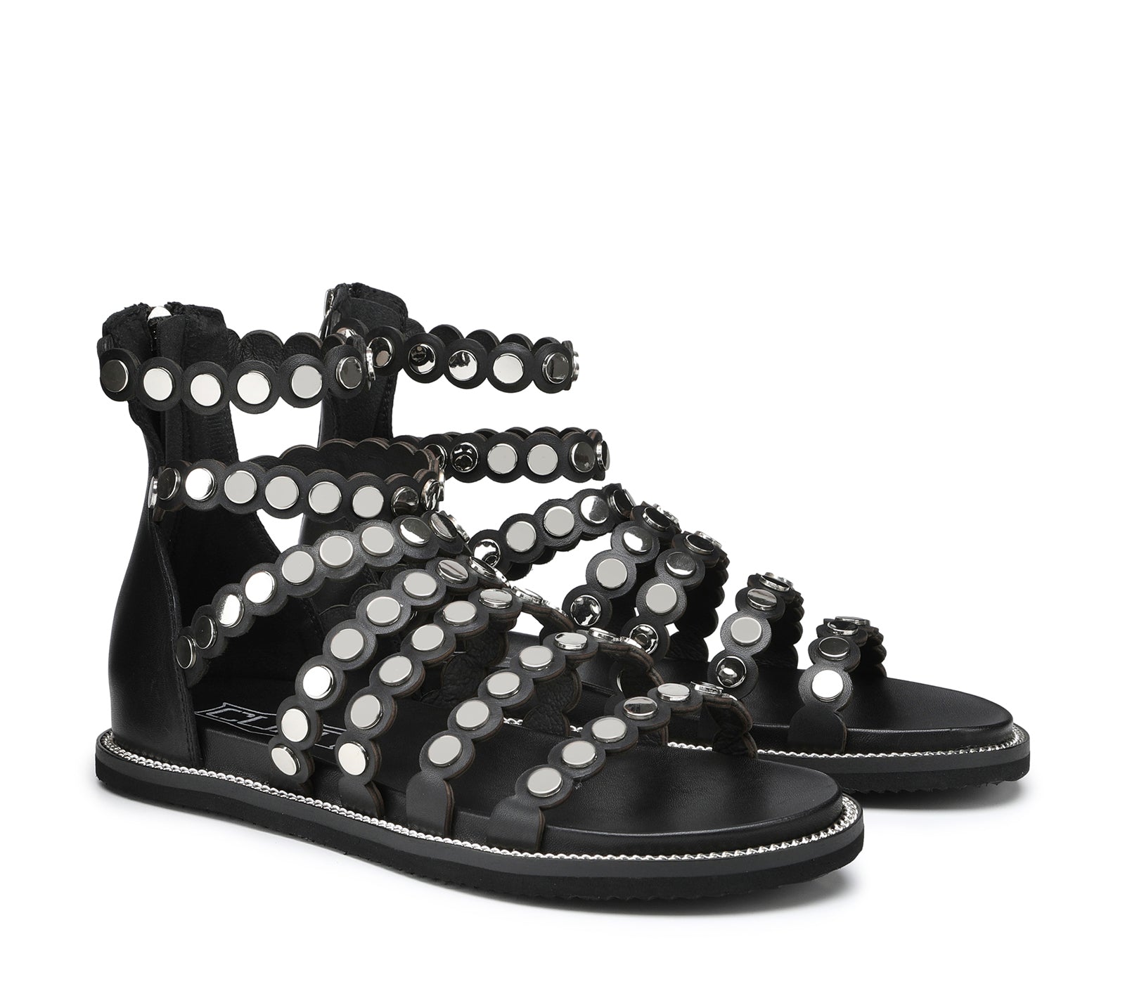 Sandali Flats da Donna in Pelle con Fascette Borchiate e Chiusura Zip Posteriore