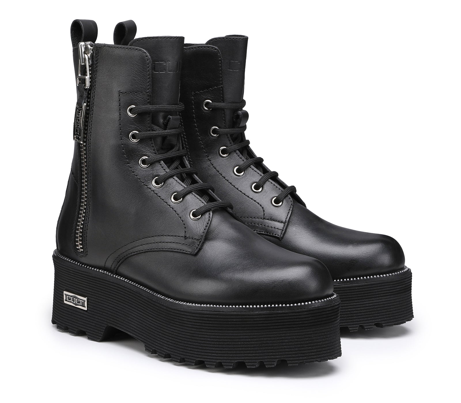 Anfibi da Donna in Pelle Nera con Zip nella Parte Esterna e Chiusura con Stringhe