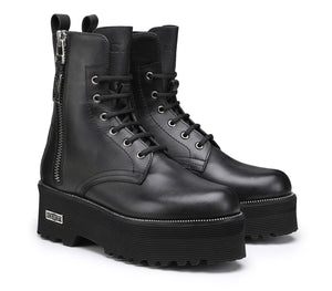 Anfibi da Donna in Pelle Nera con Zip nella Parte Esterna e Chiusura con Stringhe
