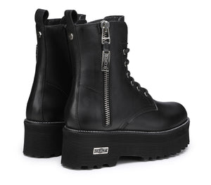 Anfibi da Donna in Pelle Nera con Zip nella Parte Esterna e Chiusura con Stringhe