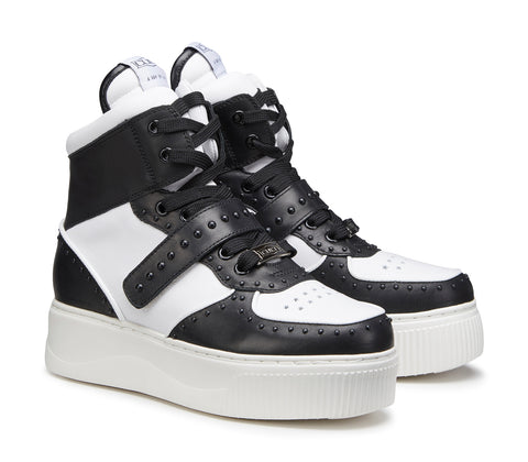 Women's High Sneakers in Black and White Leather