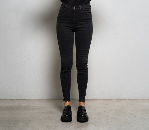 Women's Black High-Waisted Skinny Jeans with Distressed Hem