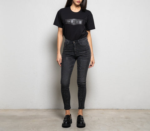Black Stretch Denim Women's Jeans with Mini Rhinestone Tone on Tone
